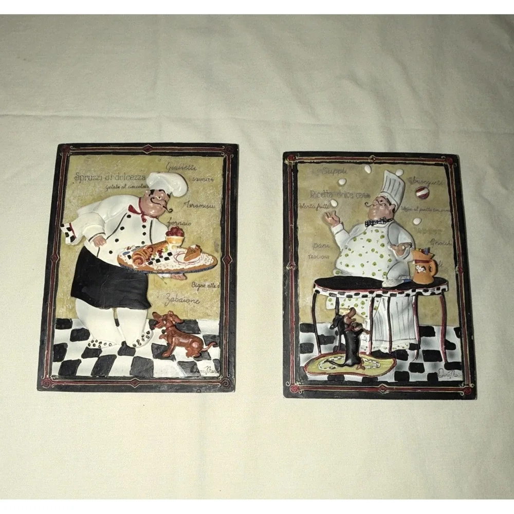 Set of 2 Chef Kitchen Wall Plaques 3D Relief Hanging 7x5 Multicolor